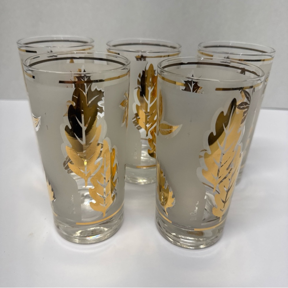 Libbey Golden Foliage, Signed G.
Reeves Highball MCM Glasses 5.5", Set of 5